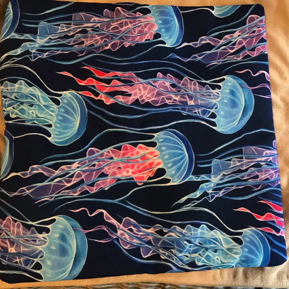 Luminescent Rainbow Jellyfish on Navy Blue Throw Pillow Cover 16x16 inch